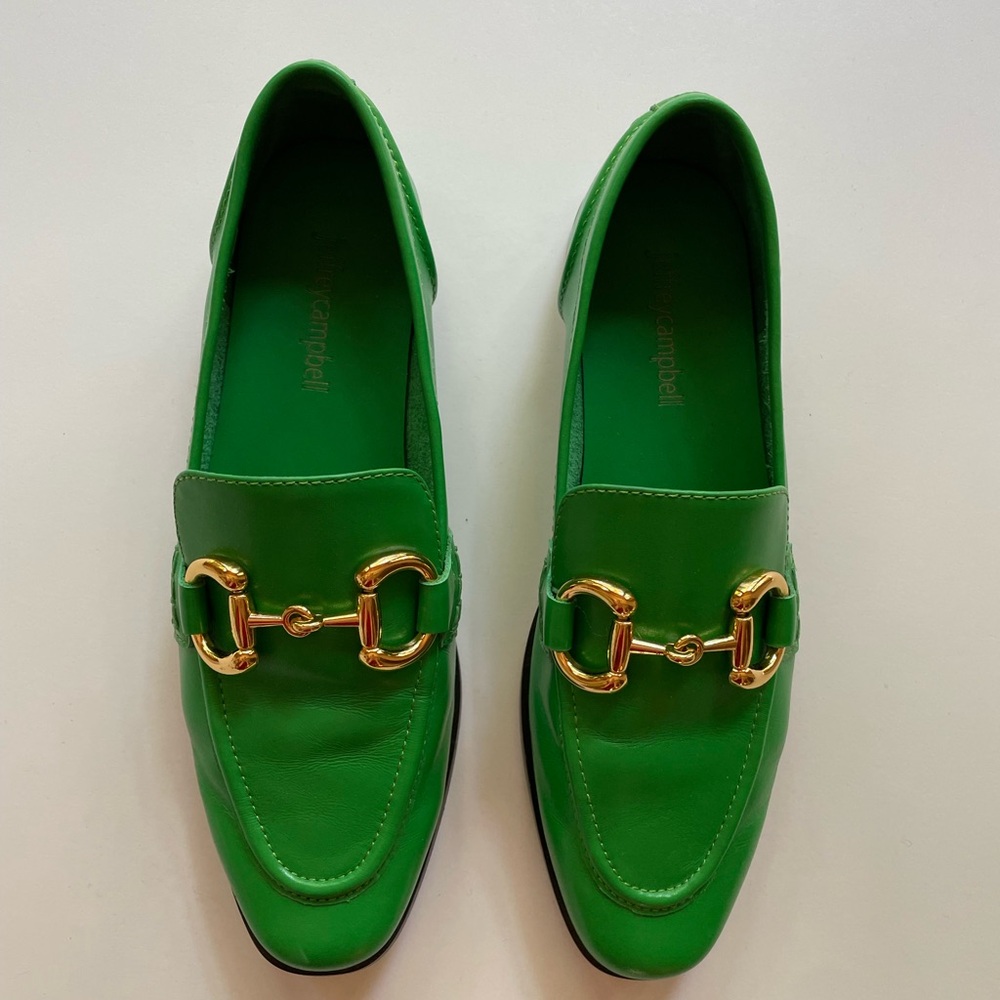 Jeffrey Campbell Velviteen Green Loafers with Gold Horsebit Detail